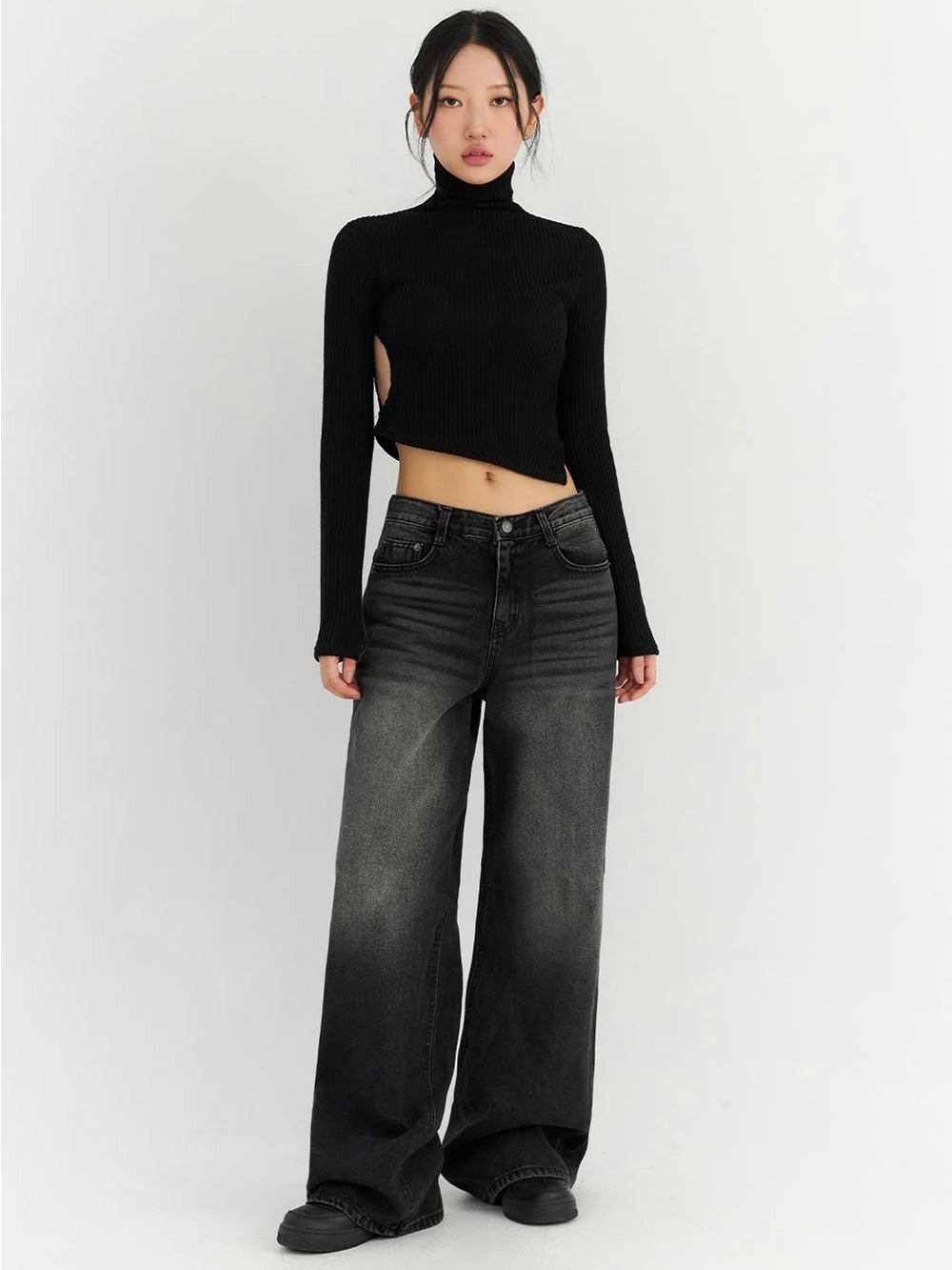 High-Rise Washed Black Wide-Leg Jeans